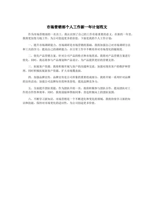 市场营销部个人工作新一年计划范文