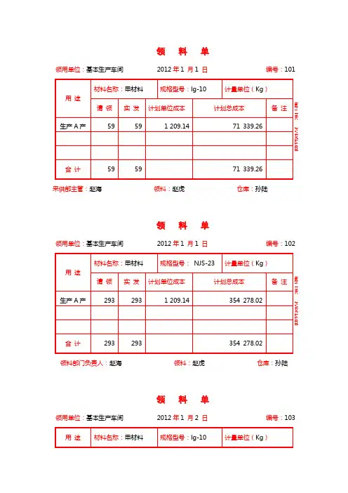 成本会计领料单