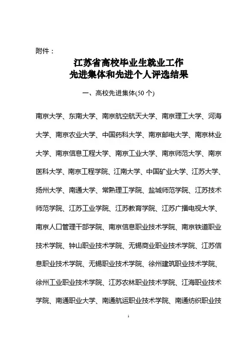 江苏省高校毕业生就业工作先进集体和先进个人评选结果