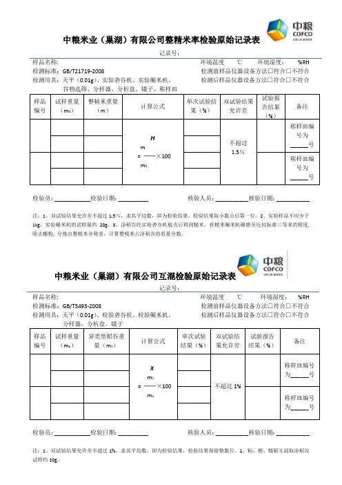 中粮(巢湖)米业大米检测原始记录表2