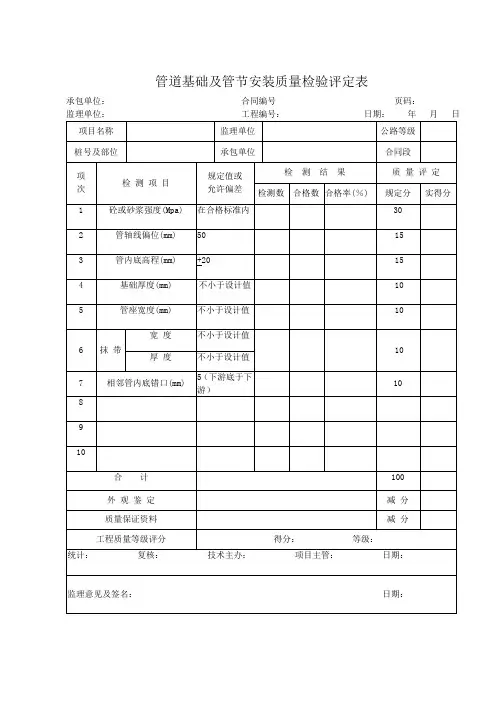 管道基础及管节安装质量检验评定表