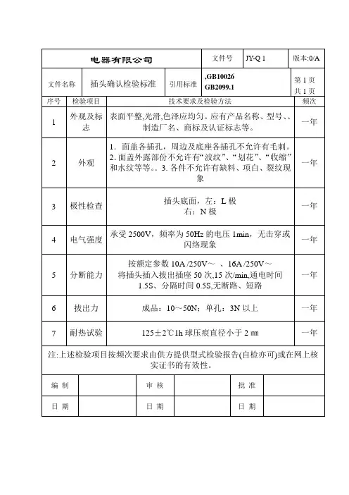 插头确认检验标准