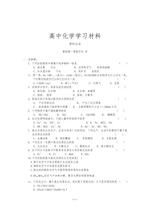 鲁科版高中化学必修一高一化学寒假作业4.docx