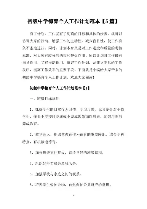 初级中学德育个人工作计划范本【5篇】.doc