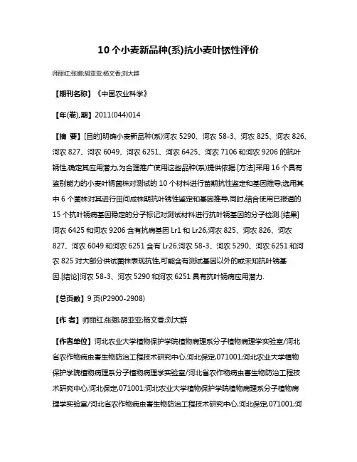10个小麦新品种(系)抗小麦叶锈性评价