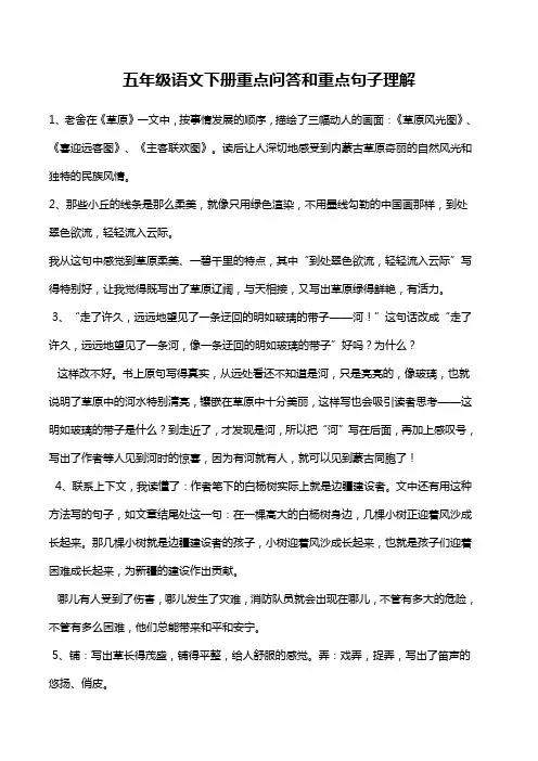 部编版五年级语文下册作业本重点问答和重点句子理解