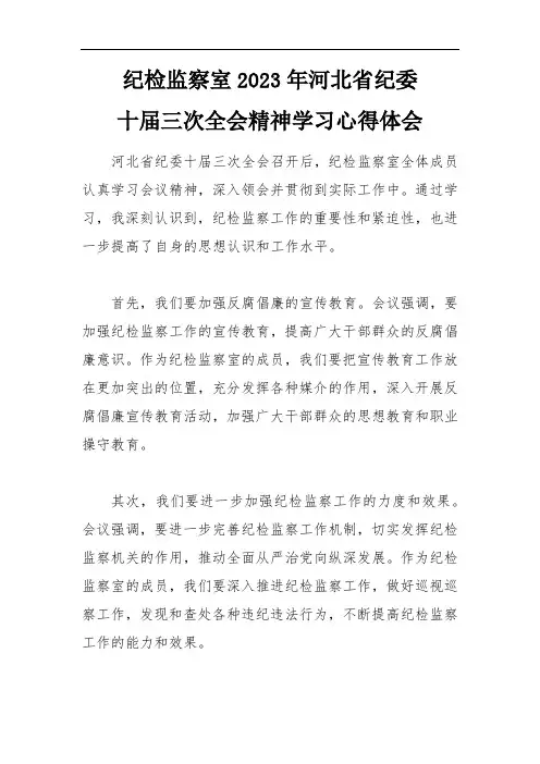 纪检监察室2023年河北省纪委十届三次全会精神学习心得体会