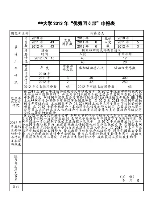 五四表彰申报表填写模板