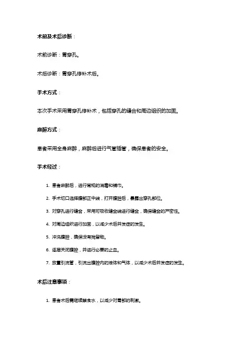 手术记录：胃穿孔修补术