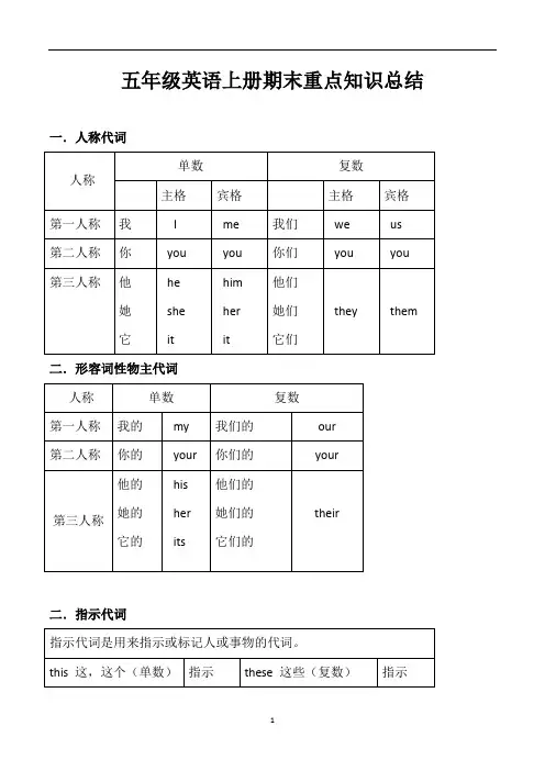 小学冀教版英语五年级上册期末重点知识总结