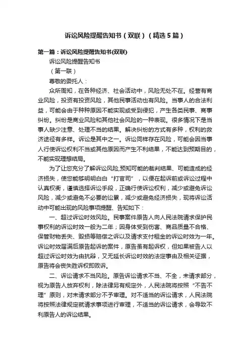 诉讼风险提醒告知书（双联）（精选5篇）