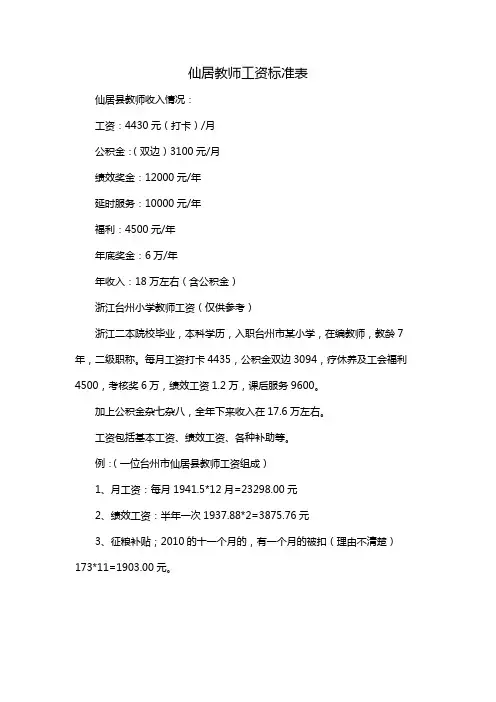 仙居教师工资标准表