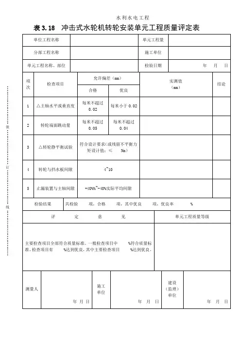 表3.18击式水轮机转轮安装单元工程质量评定表