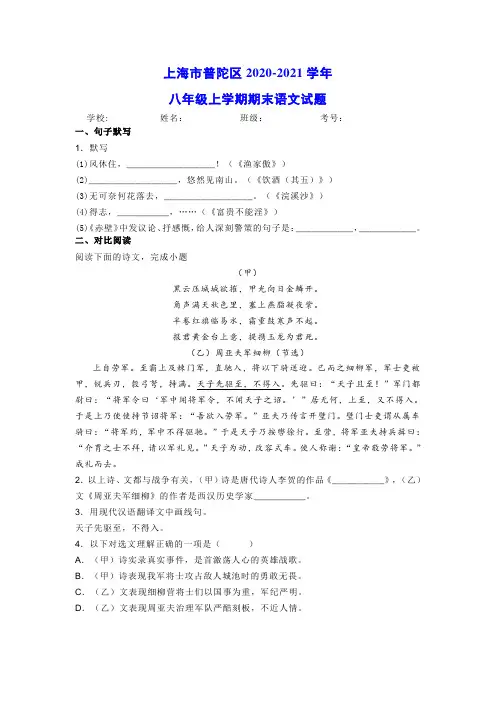 上海市普陀区2020-2021学年八年级上学期期末语文试题及答案(含范文)