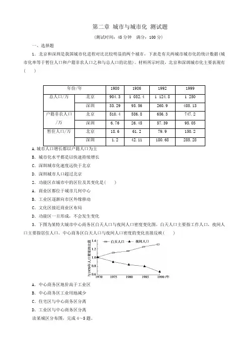 高中地理高一必修2同步习题：第2章_城市与城市化_测试题_word版有答案