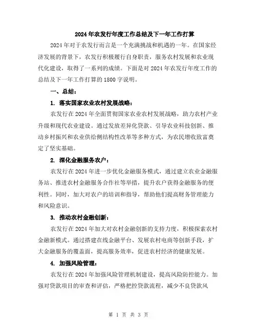 2024年农发行年度工作总结及下一年工作打算