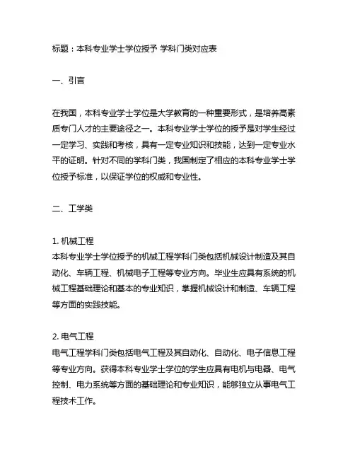 本科专业学士学位授予 学科门类对应表