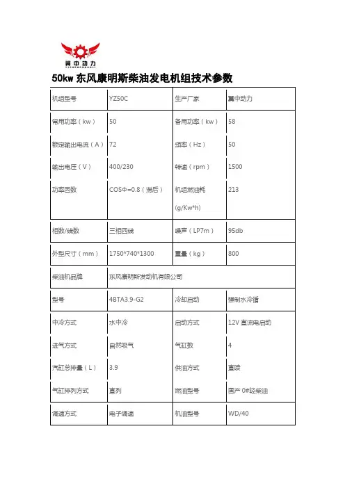 50kw康明斯柴油发电机组技术参数型号4BTA3.9-G2