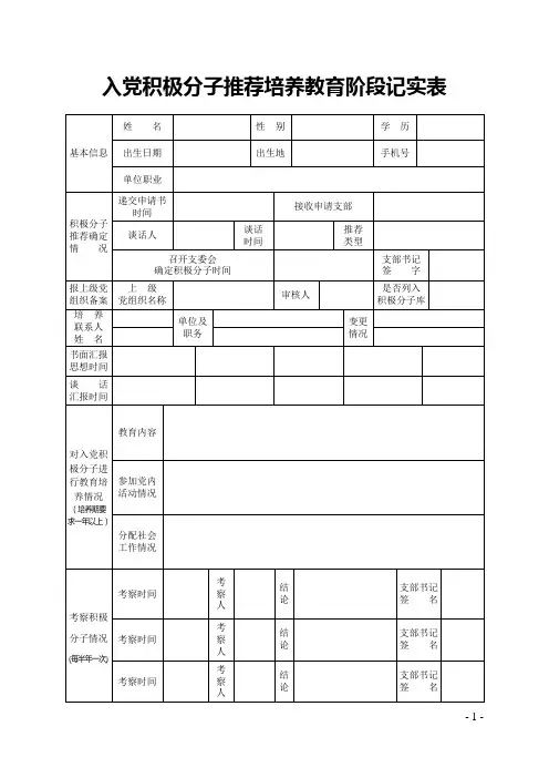 党员发展全程记实制度样表