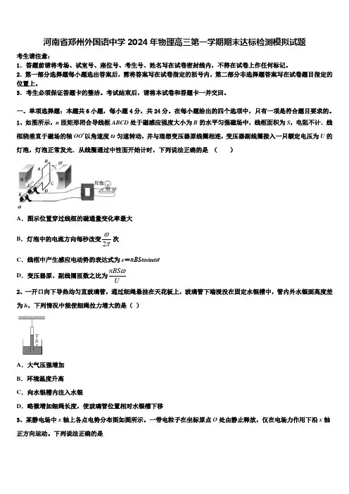 河南省郑州外国语中学2024年物理高三第一学期期末达标检测模拟试题含解析