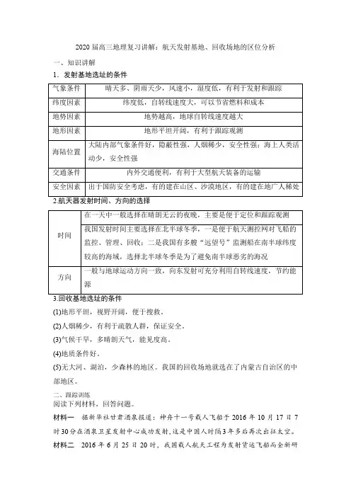 2020届高三地理复习讲解：航天发射基地、回收场地的区位分析