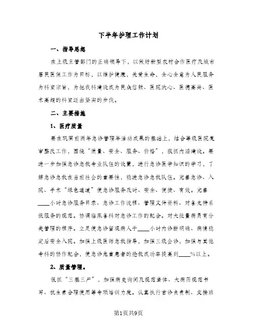下半年护理工作计划(三篇)