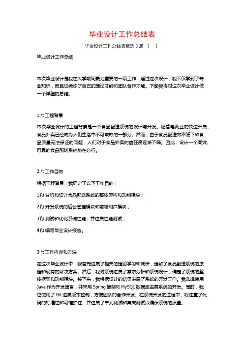 毕业设计工作总结表3篇