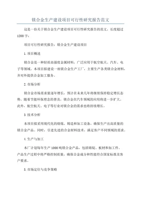 镁合金生产建设项目可行性研究报告范文