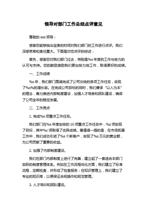 领导对部门工作总结点评意见