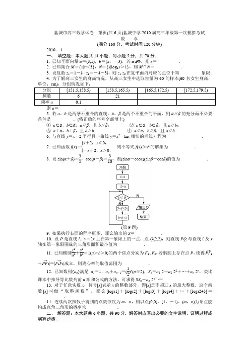 盐城中学2010届高三年级第一次模拟考试