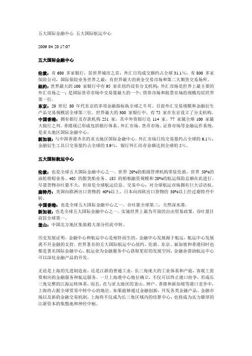 全球五大国际金融、国际航运中心