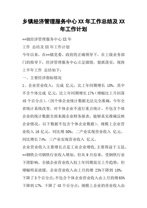 乡镇经济管理服务中心XX年工作总结及XX年工作计划