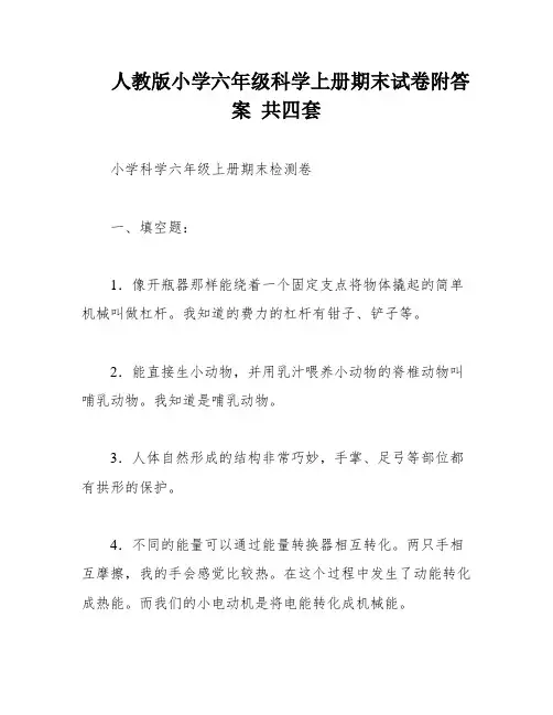 人教版小学六年级科学上册期末试卷附答案 共四套