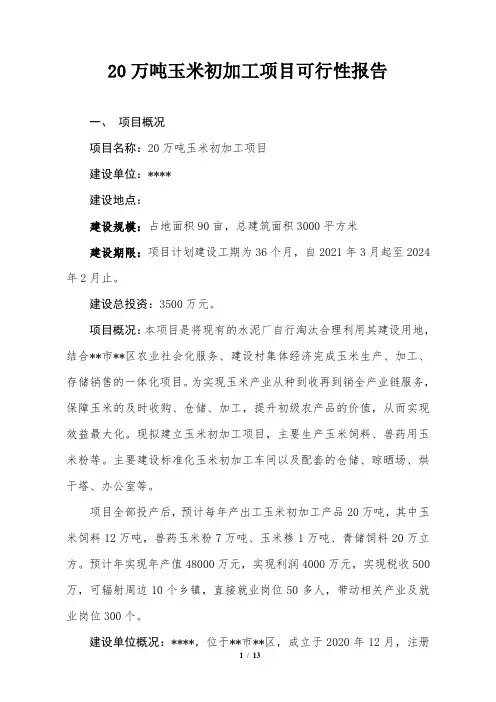 20万玉米初加工项目可行性报告