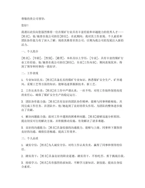 煤矿人才推荐信范文模板