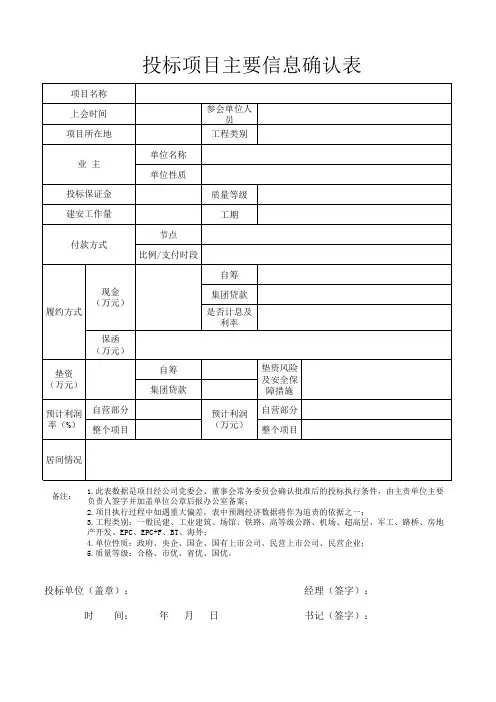 投标项目主要信息确认表