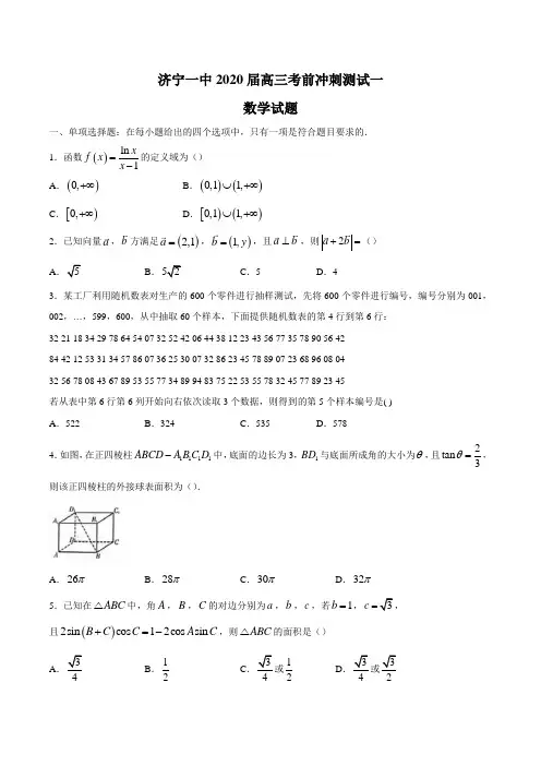 山东省济宁市第一中学2020届高三考前冲刺测试(一)数学试题含答案