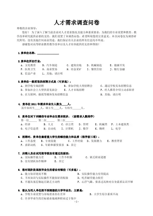 企业人才需求调查问卷