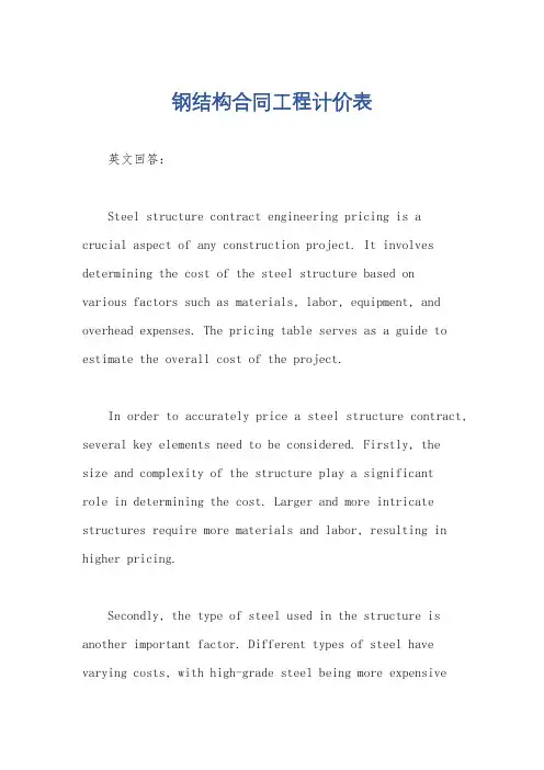钢结构合同工程计价表
