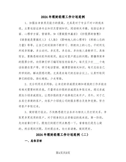 2024年理财经理工作计划范例（二篇）