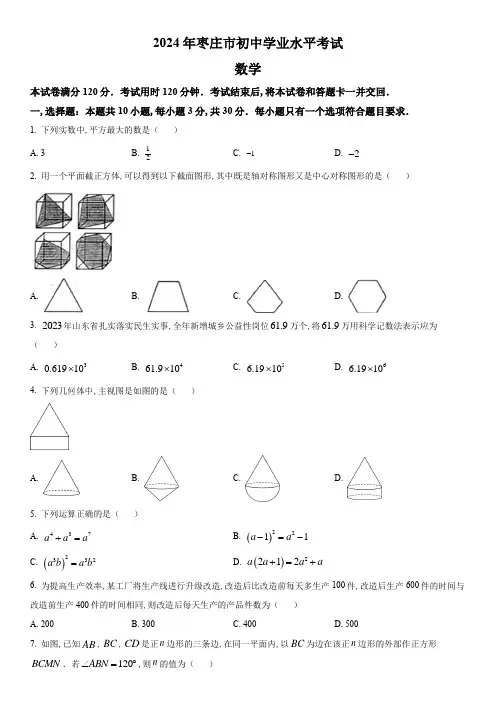 2024年山东省枣庄市(初三学业水平考试)中考数学真题试卷(枣庄聊城临沂菏泽)含详解