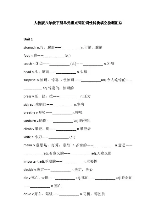 人教版八年级下册单元重点词汇词性转换填空检测汇总(完整版)