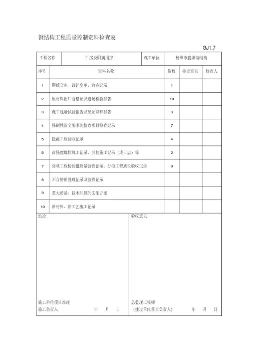 10钢结构工程质量控制资料检查表GJ1.7