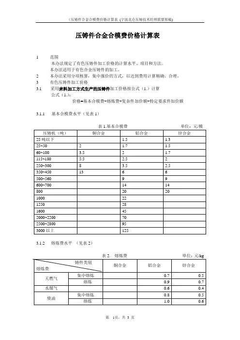 压铸合模费价格表