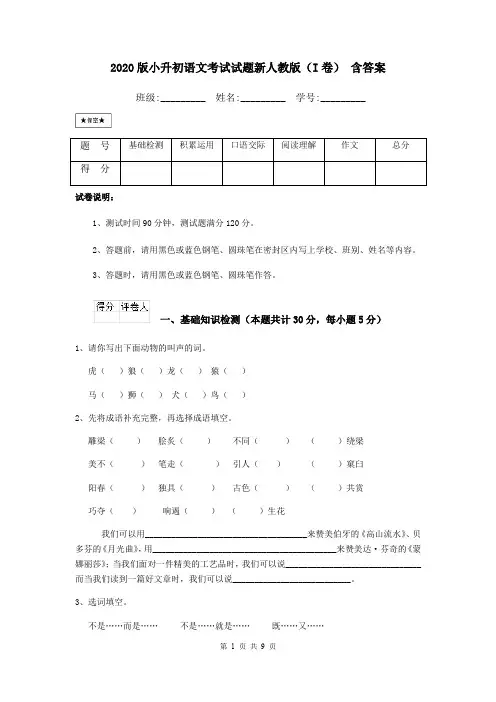2020版小升初语文考试试题新人教版(I卷) 含答案
