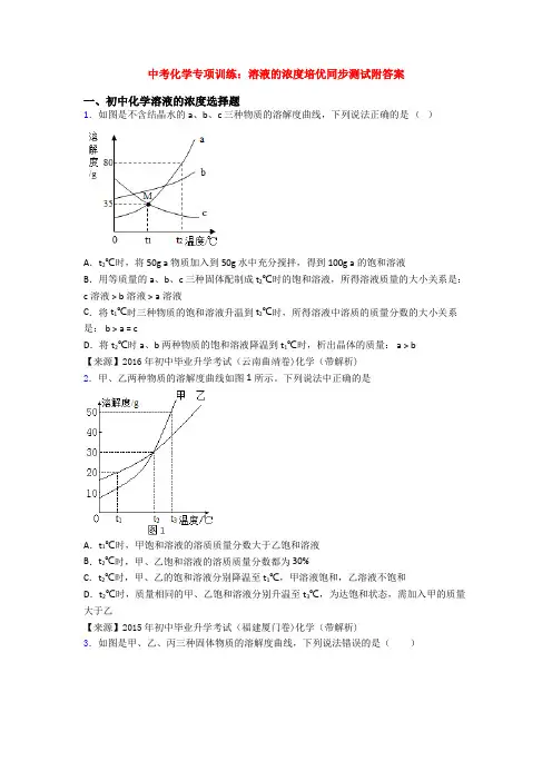 中考化学专项训练：溶液的浓度培优同步测试附答案