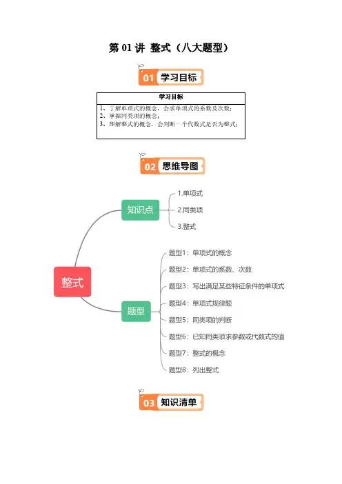 第01讲 整式(三类知识点+八大题型+强化训练)(学生版) 24-25学年七年级数学上册(沪教版)