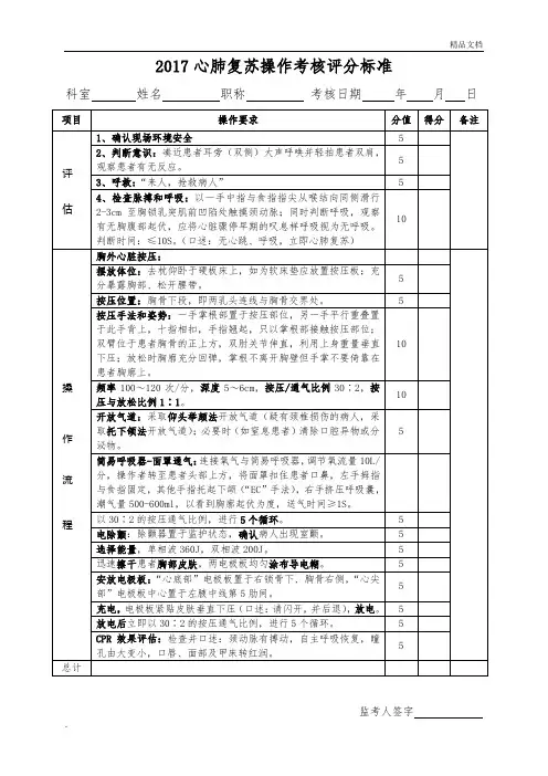 2017心肺复苏操作考核评分标准