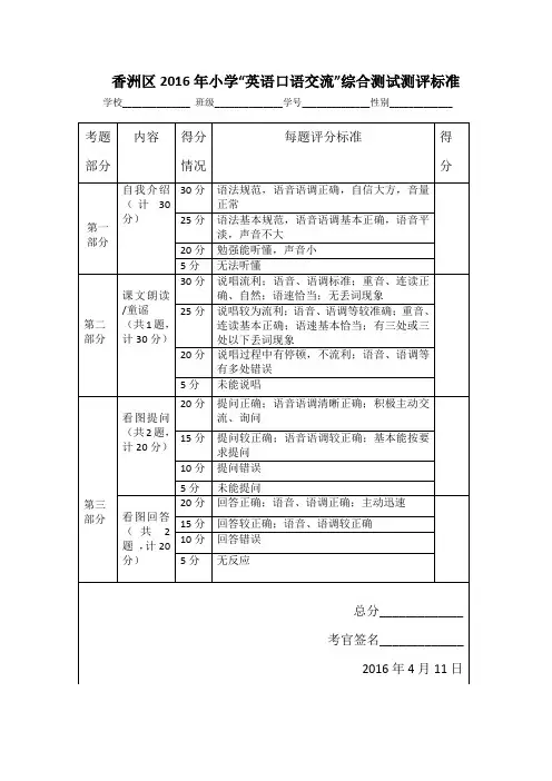 小学英语口语测评标准