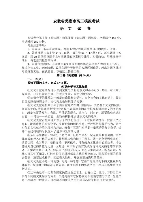 安徽省芜湖市高考模拟考试语文试卷(Word版,含答案)